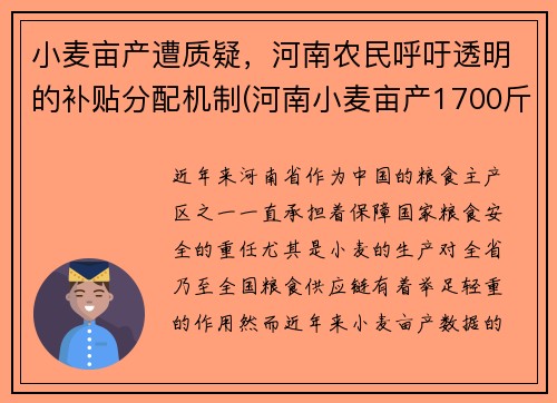 小麦亩产遭质疑，河南农民呼吁透明的补贴分配机制(河南小麦亩产1700斤)